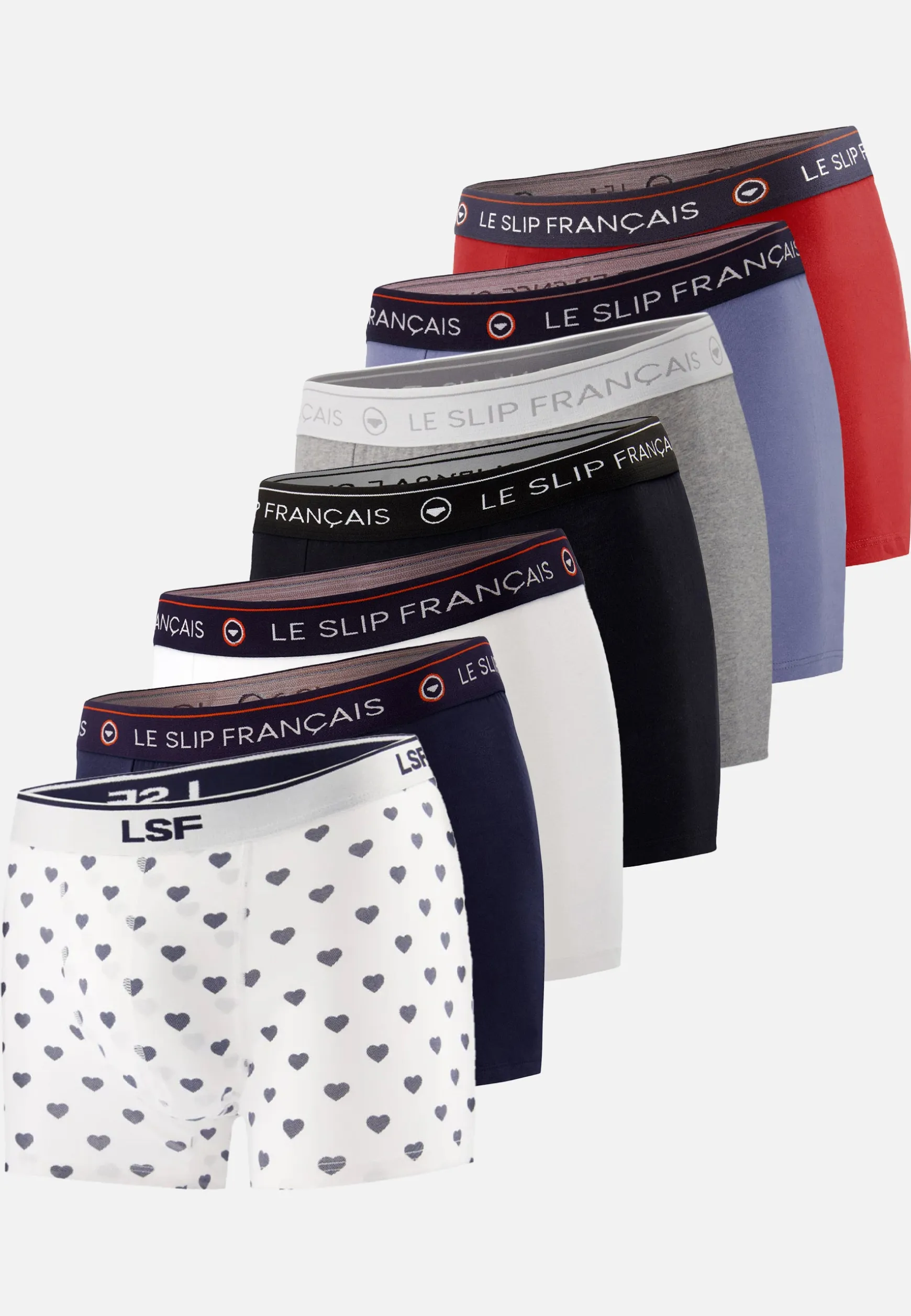 Le slip français Sept boxers en coton-Pack Semainier Boxer Redoutable Marine Noir Gris Bleu Jean Rouge Marius Petit Cœur Marine<Homme Collection Cadeaux | Packs De Boxers
