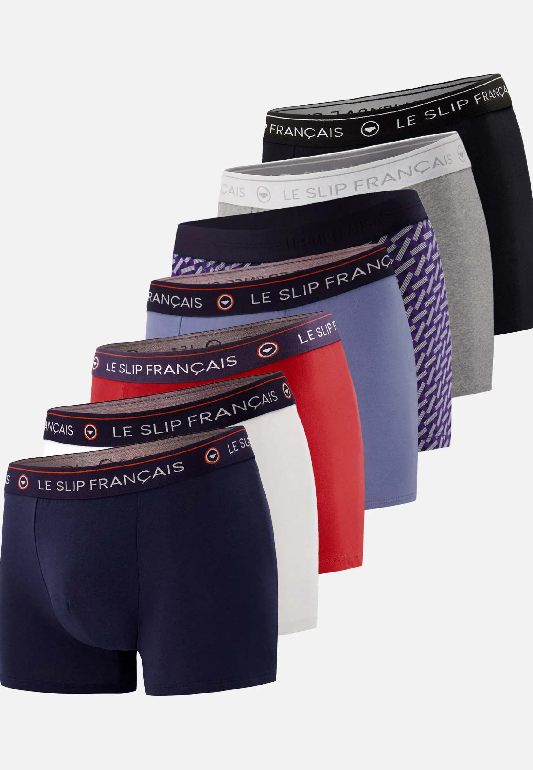 Le slip français Sept boxers en coton-Pack Semainier Boxer Redoutable Marine Rouge Bleu Jean Gris Noir Marius Diagonale<Homme Collection Cadeaux | Packs De Boxers