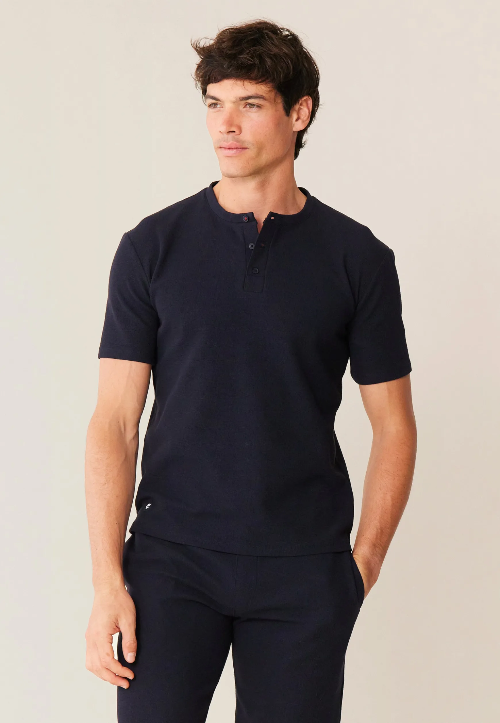 Le slip français T-shirt de pyjama en coton gaufré-Marc-André Marine<Homme Hauts De Pyjamas | Hauts De Pyjamas
